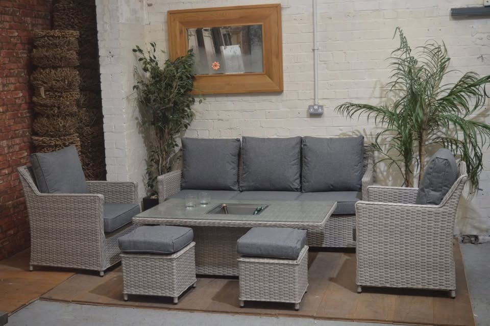 Garden sofa and dining set with lift-top table - Grey rattan