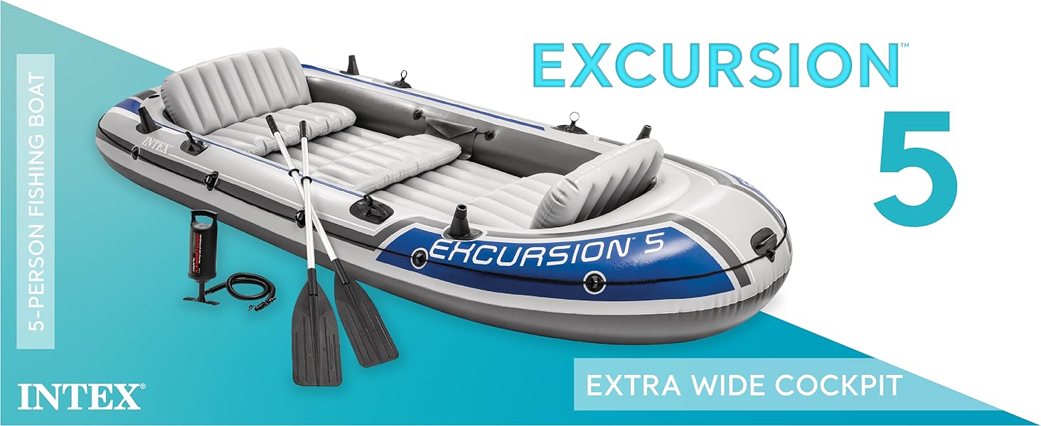 Intex Excursion Inflatable 5 Person Water Fishing River Boat Raft Set with Oars D
