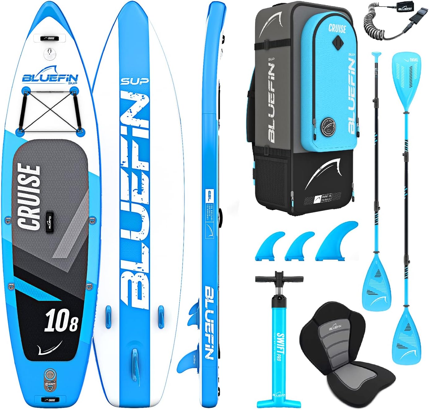 Bluefin Cruise SUP Inflatable Stand Up Paddle Board | Premium Paddleboard Accessories | Multiple sizes: Kids, 9'8, 10'4, 10’8, 12’, 15'