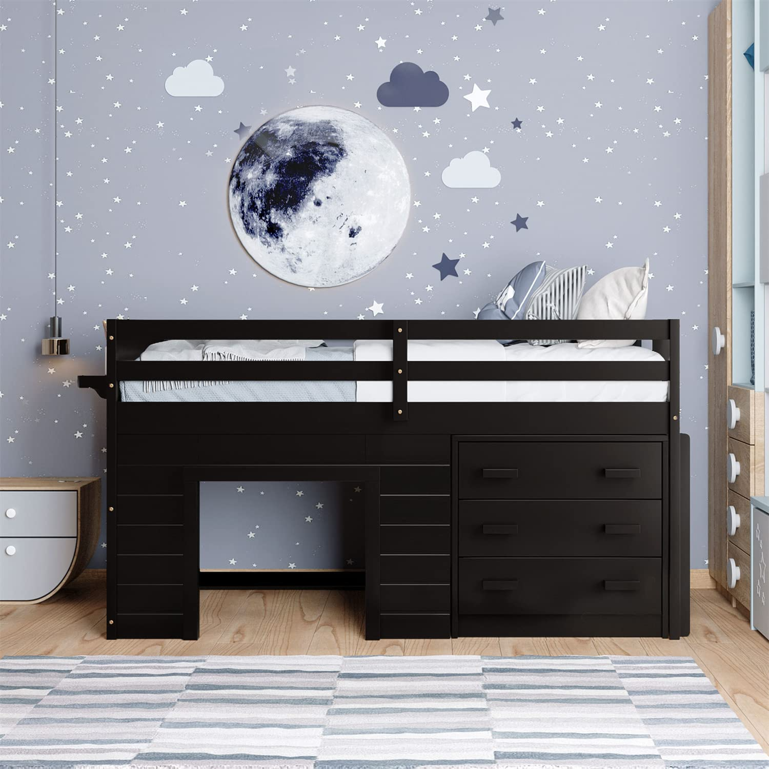 【Furniture】Bellemave Low Loft Beds with 3 Drawers Twin Loft Bed Frame with Cabinet & Bedside Tray Wood Farmhouse Loft Bed