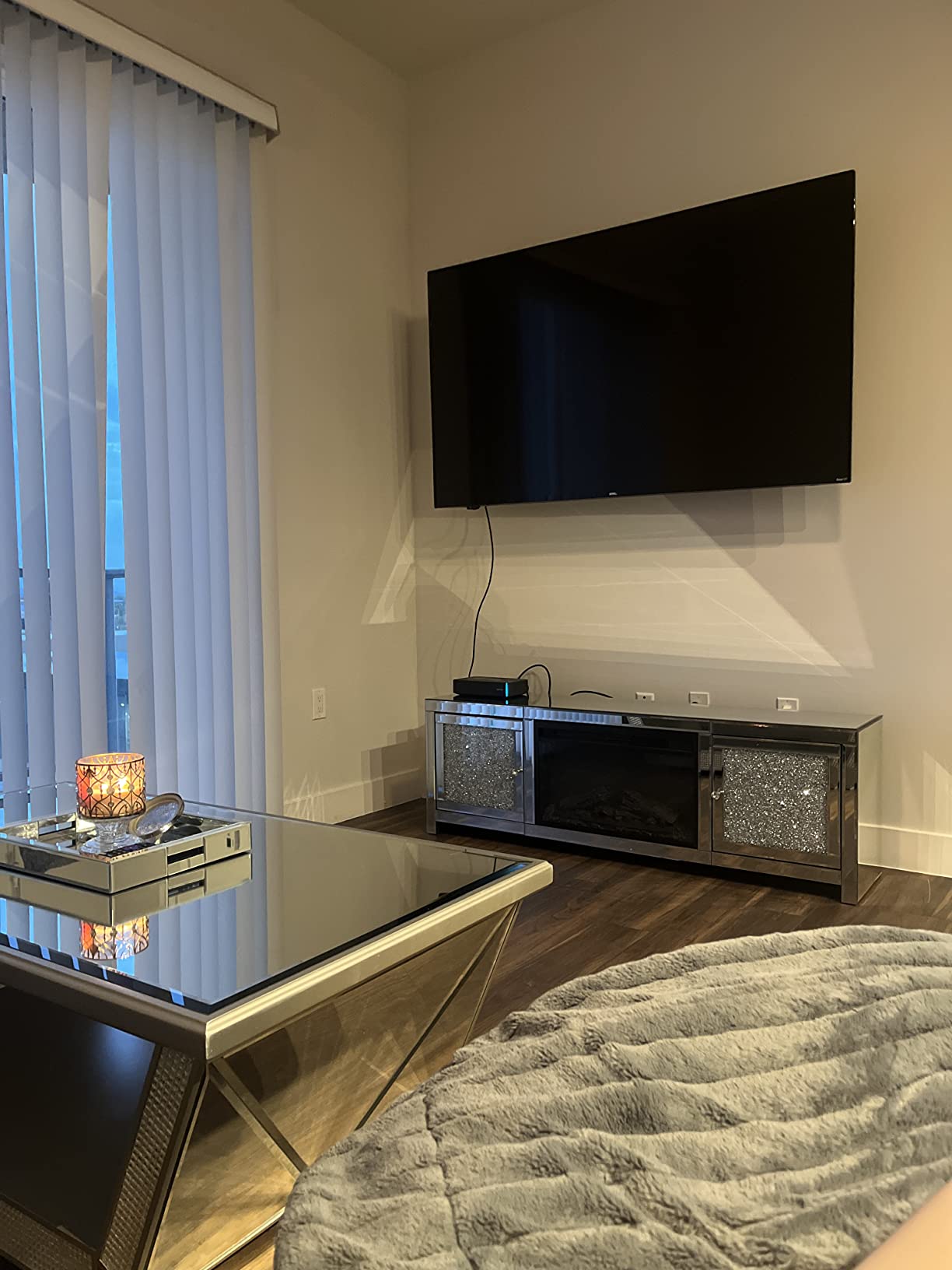 【Furniture】Mirrored Fireplace TV Stand, Mirrored Media Entertainment Center for TV up to 55 inch