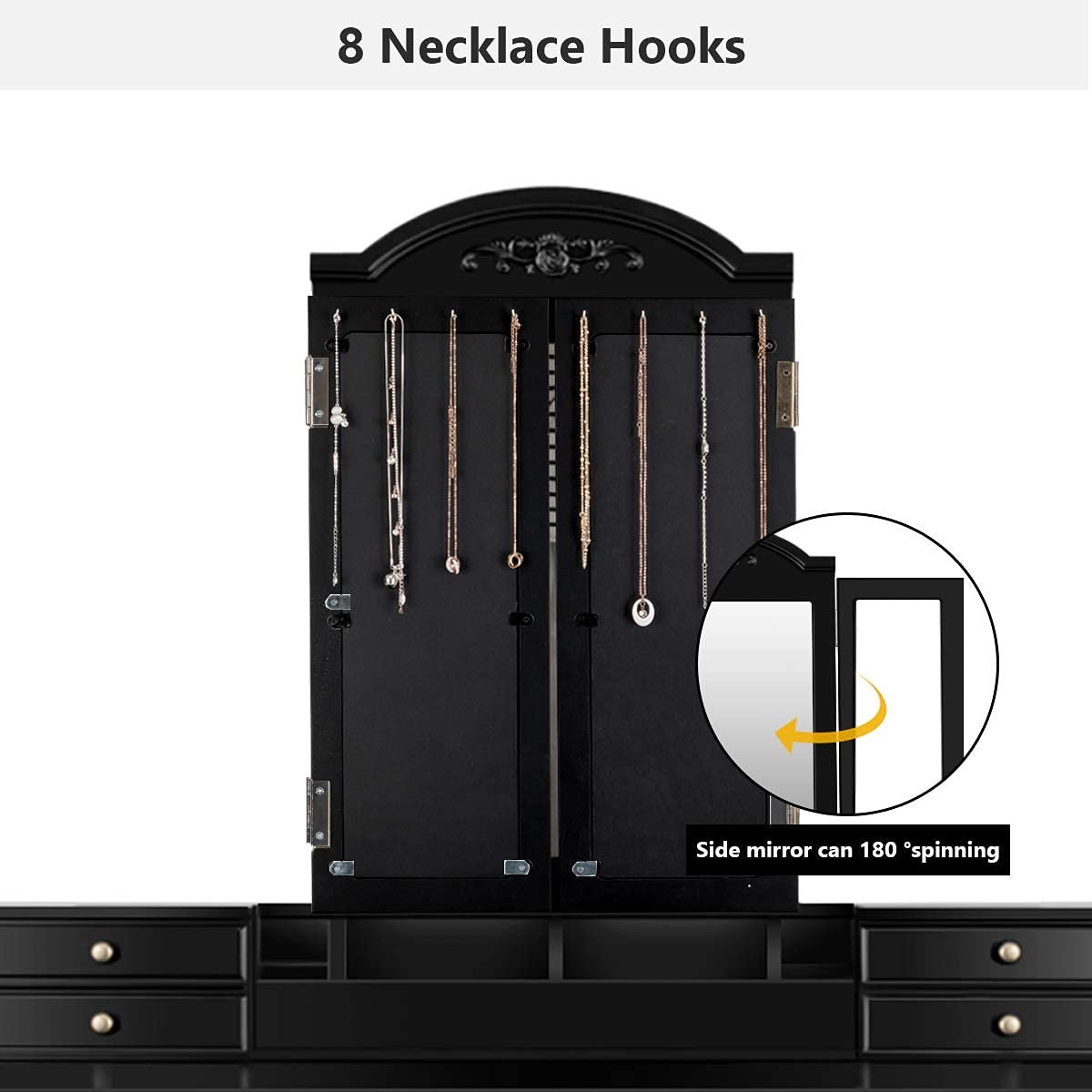 【Furniture】Vanity Desk Set, Dressing Table with Trifold Mirror, 8 Necklace Hooks, 7 Drawers