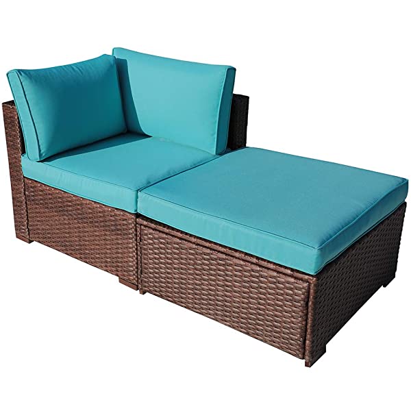 OC Orange-Casual 2 Piece Patio Sectional Furniture Set with Back Seat Cushions, Outdoor Armchair Wicker Sofa, Ottoman Brown Wicker & Turquoise Cushion