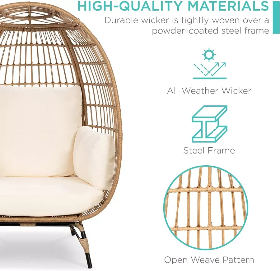 BEST CHOICE PRODUCTS WICKER EGG CHAIR, OVERSIZED INDOOR OUTDOOR LOUNGER FOR PATIO, BACKYARD, LIVING ROOM W/ 4 CUSHIONS, STEEL FRAME, 440LB