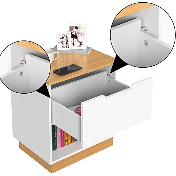Elekin Nightstand with Drawer Bedroom Furniture End Table Side Stand Table for Bed File Cabinet Storage Table for Home Office Bedside Cabinets with Sliding Drawer and Shelf