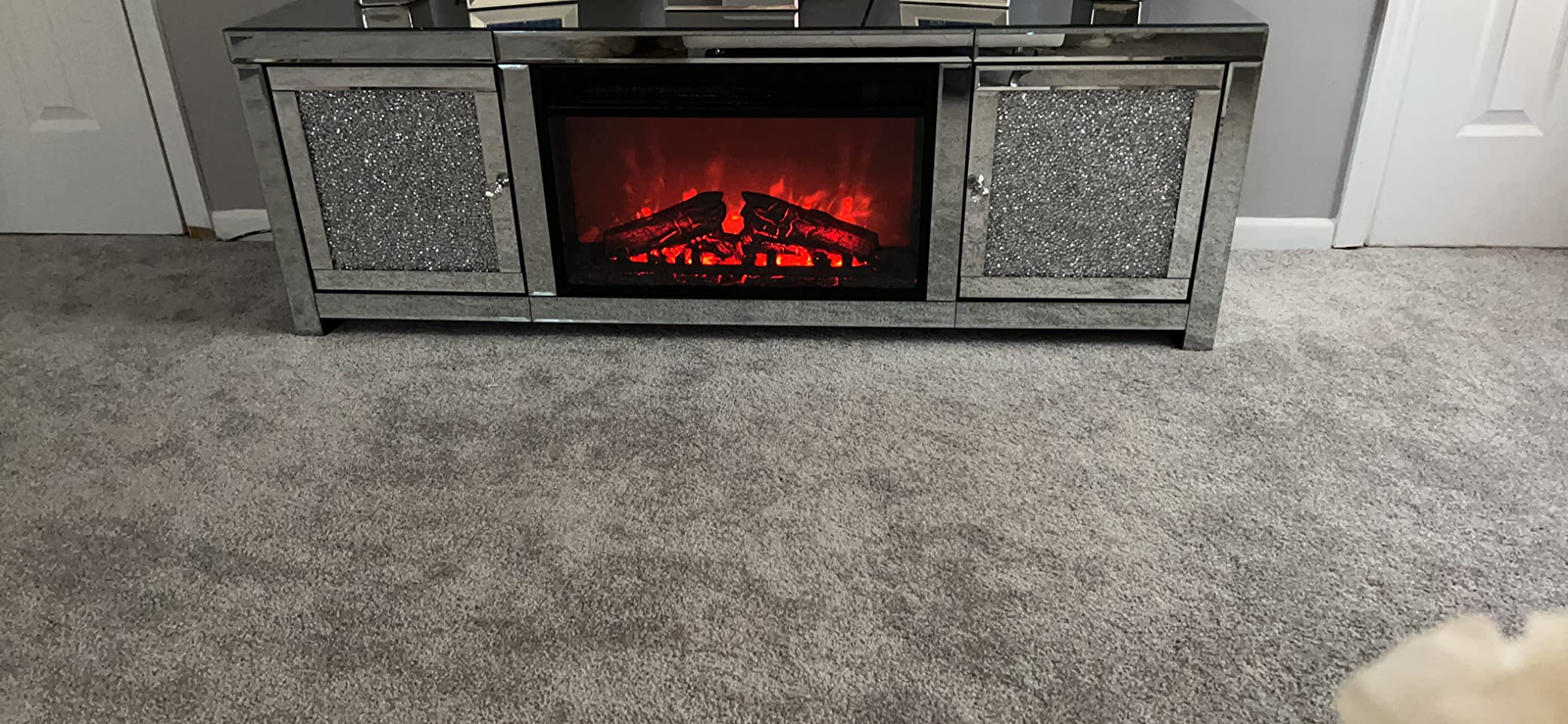 【Furniture】Mirrored Fireplace TV Stand, Mirrored Media Entertainment Center for TV up to 55 inch