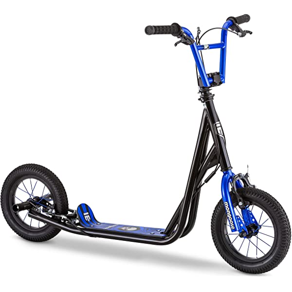 Mongoose Expo Youth Scooter, Front and Rear Caliper Brakes, Rear Axle Pegs, 12-Inch Inflatable Wheels, Non Electric Green/Grey