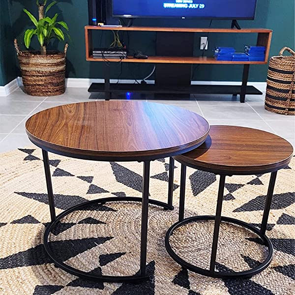 aboxoo Coffee Table Nesting Side Set of 2 End Table Top Sturdy Metal Frame Wood Desk Centerpiece Living Room Bedroom Apartment Modern Industrial Simple Nightstand