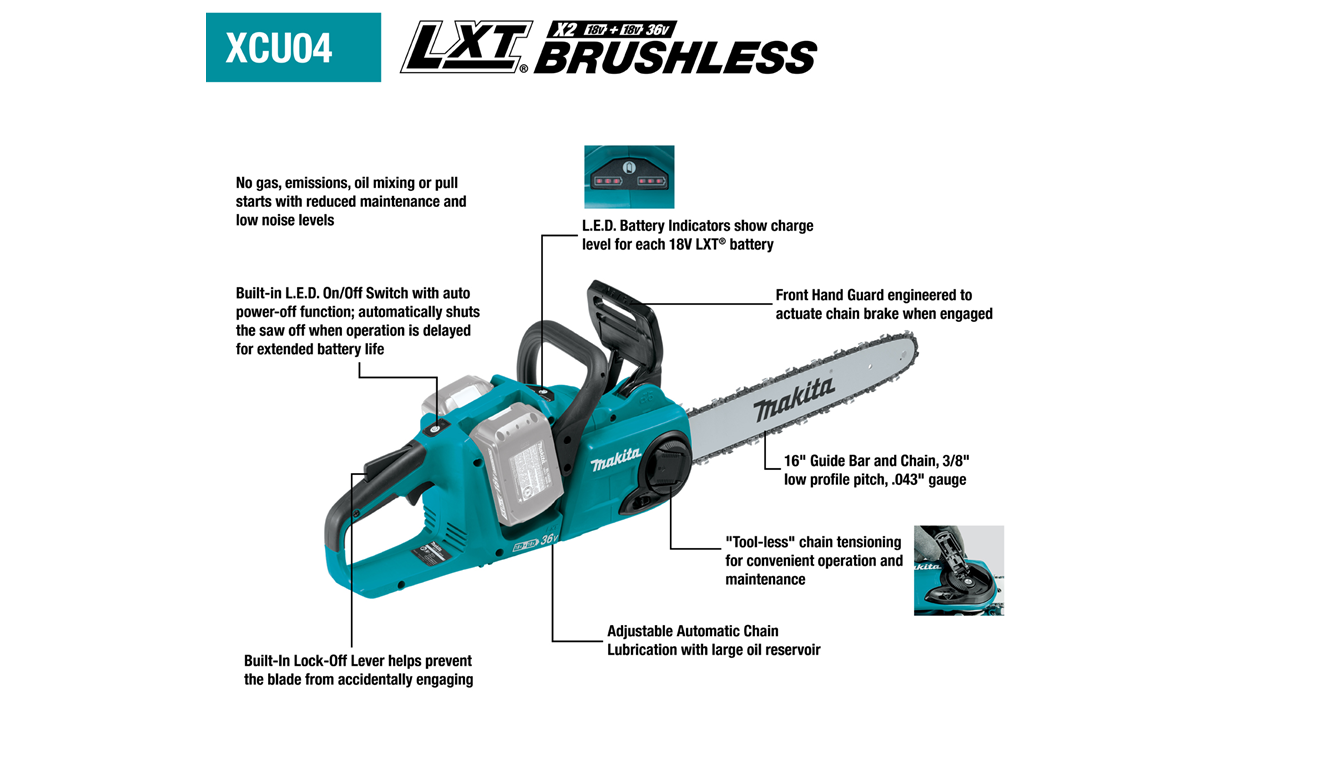 Makita XCU04CM 36V (18V X2) LXT® Brushless 16 Chain Saw Kit (4.0Ah) BO.1012