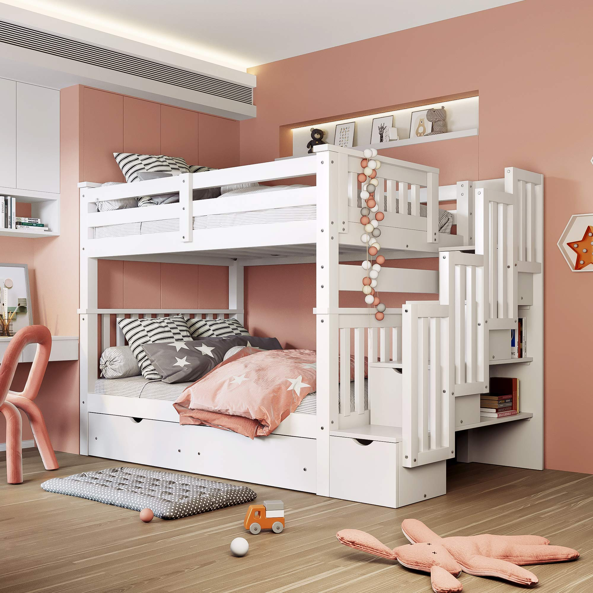 【Furniture】Full Over Full Bunk Bed with Shelves, Stairway Bunk Bed Full Size with 6 Storage Drawers