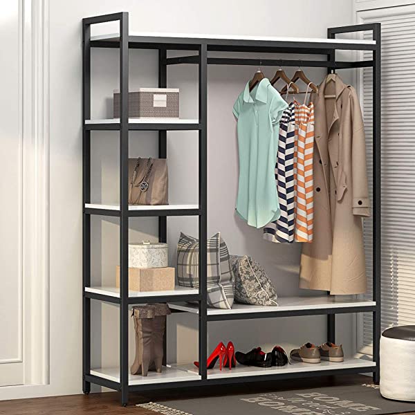 LITTLE TREE Free-Standing Closet Organizer, Heavy Duty Clothes Closet, Portable Garment Rack with 6 Shelves and Hanging Rod, Black Metal Frame&Rustic Board Finish Vingte &Black