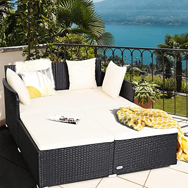 Salches Outdoor Rattan Daybed, Patio Loveseat Sofa Set w/Comfortable Cushions, Extra Pillows & Metal Foot, Sunbed Wicker Furniture for Yard/Poolside/Living Room/Garden/Porch (Red)
