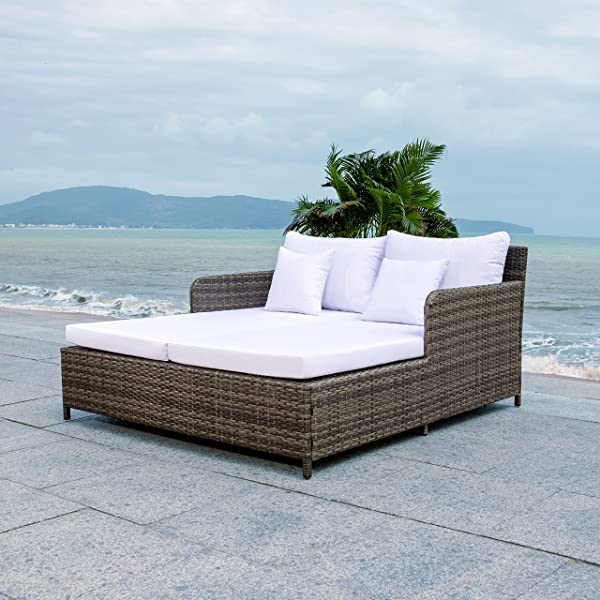 Safavieh Outdoor Collection Cadeo Brown Cushion Daybed PAT7500C, Grey/White