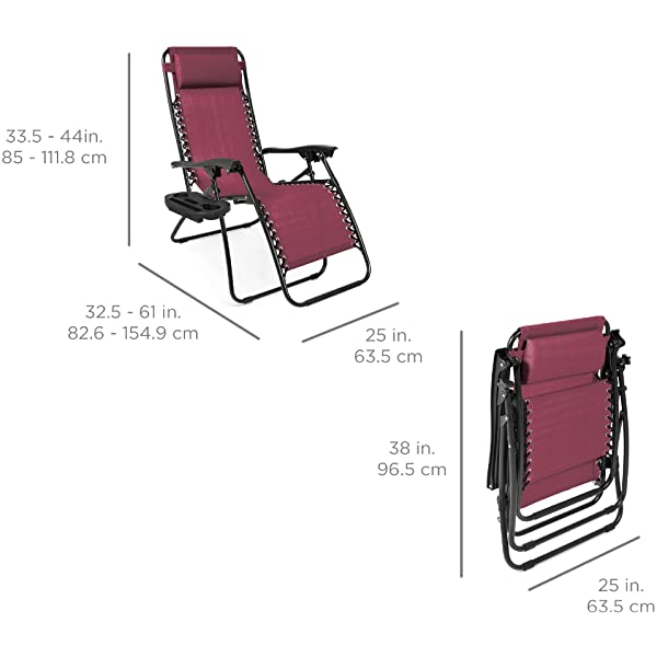 Best Choice Products Set of 2 Adjustable Steel Mesh Zero Gravity Lounge Chair Recliners w/Pillows and Cup Holder Trays - Burgundy