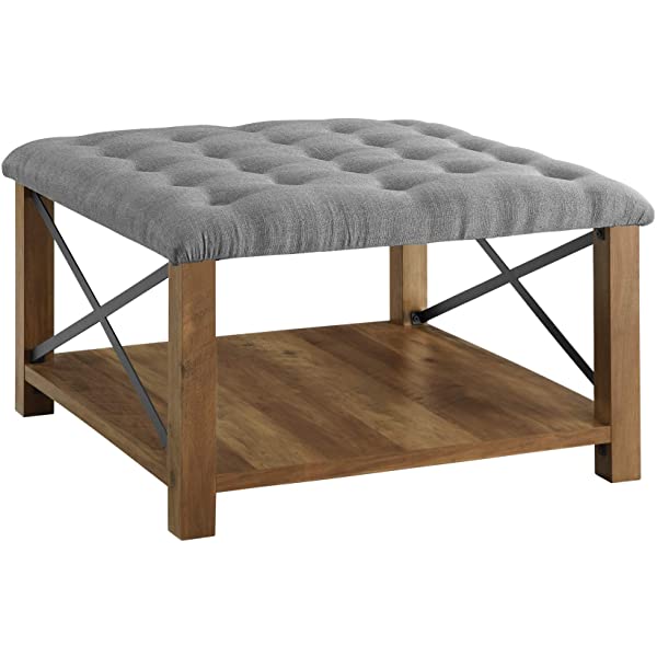 Walker Edison Cambridge Modern Farmhouse Metal X Tufted Ottoman, 30 Inch, Grey Grey Upholstered Ottoman