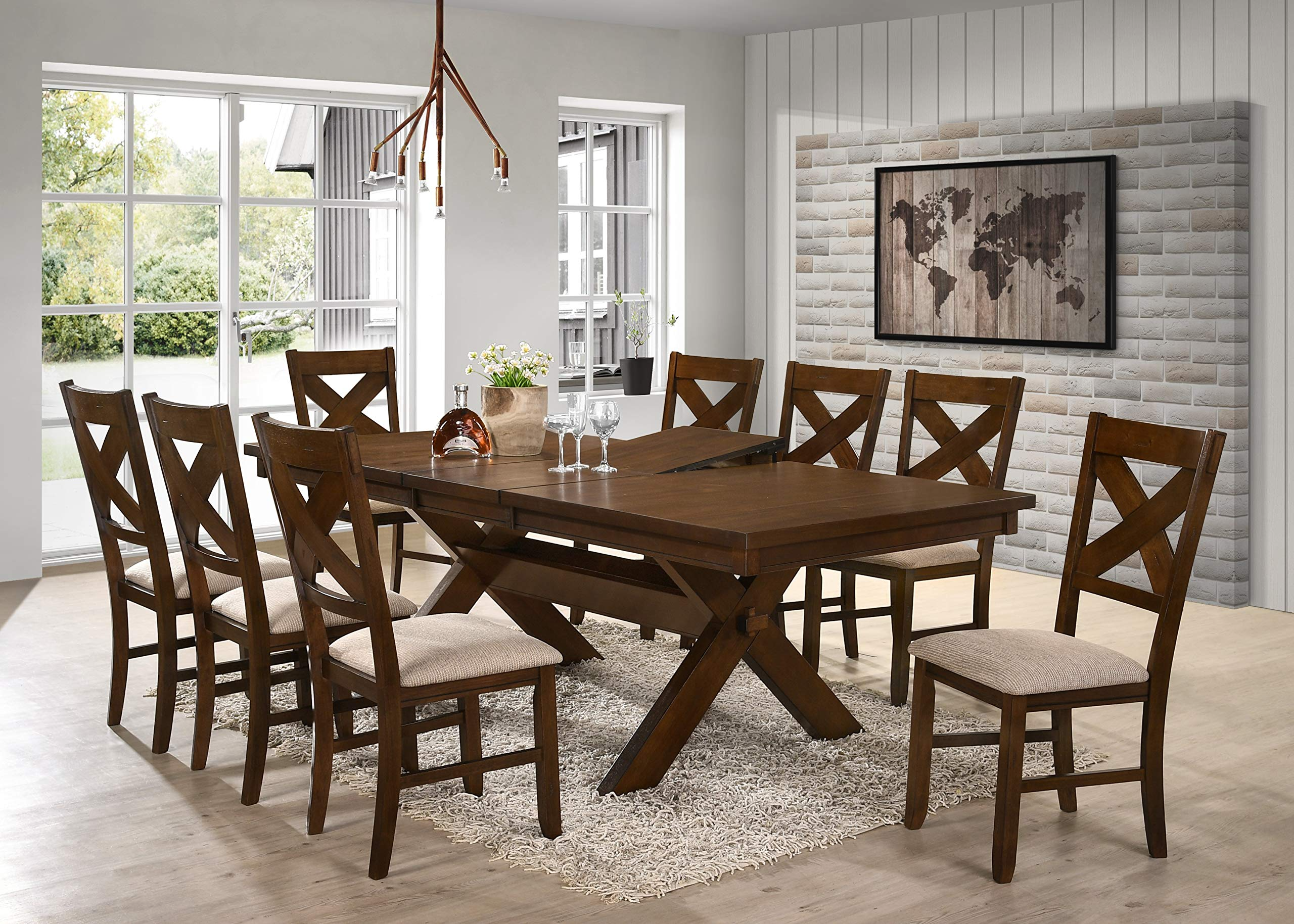 【Furniture】9-Piece Solid Wood Dining Set with Table & 8 Chairs