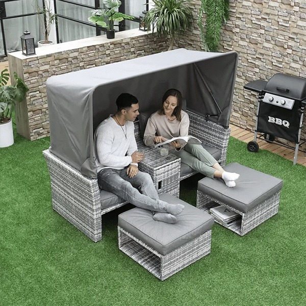 3 Piece Outdoor PE Rattan Patio Furniture Set Sofa Bed 2 Seat Sofa Ottoman