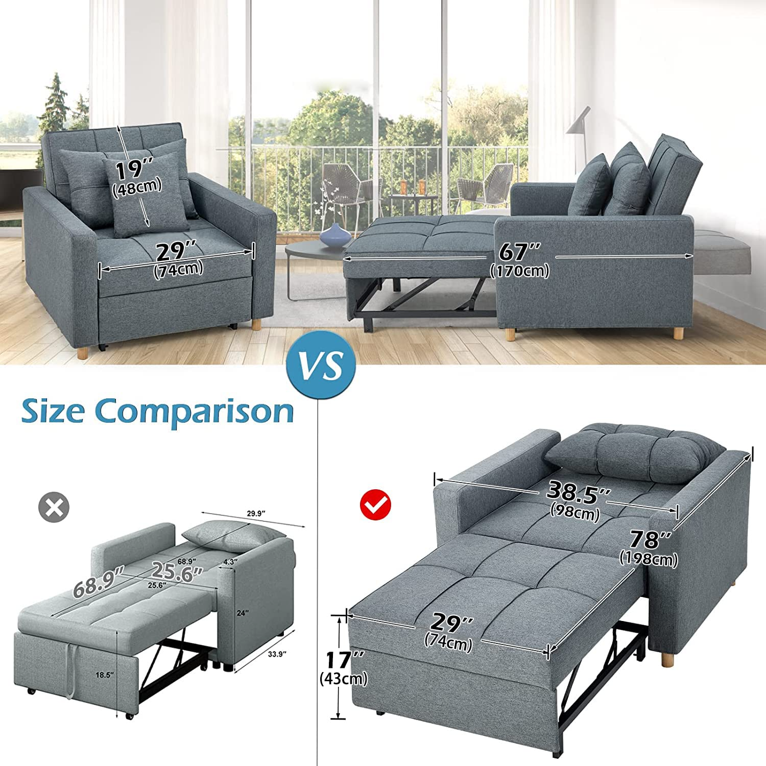 【Furniture】3-in-1 Sofa Bed Chair, Convertible Sleeper Chair Bed, Adjust Backrest Into A Sofa, Lounger Chair