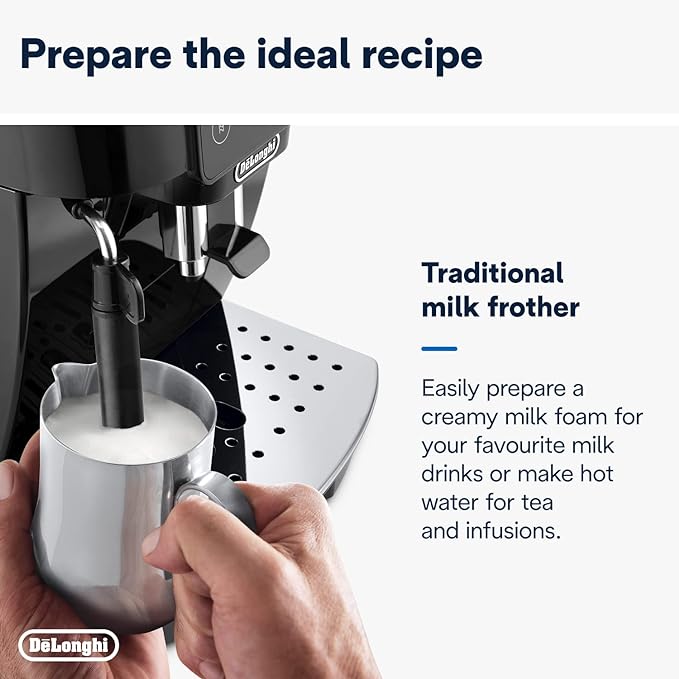 De'Longhi Magnifica Start ECAM222.20.B, Automatic Coffee Machine with Milk Nozzle, Bean to Cup Espresso Machine with 4 One-Touch Recipes, Soft-Touch Control Panel, 1450W, Black