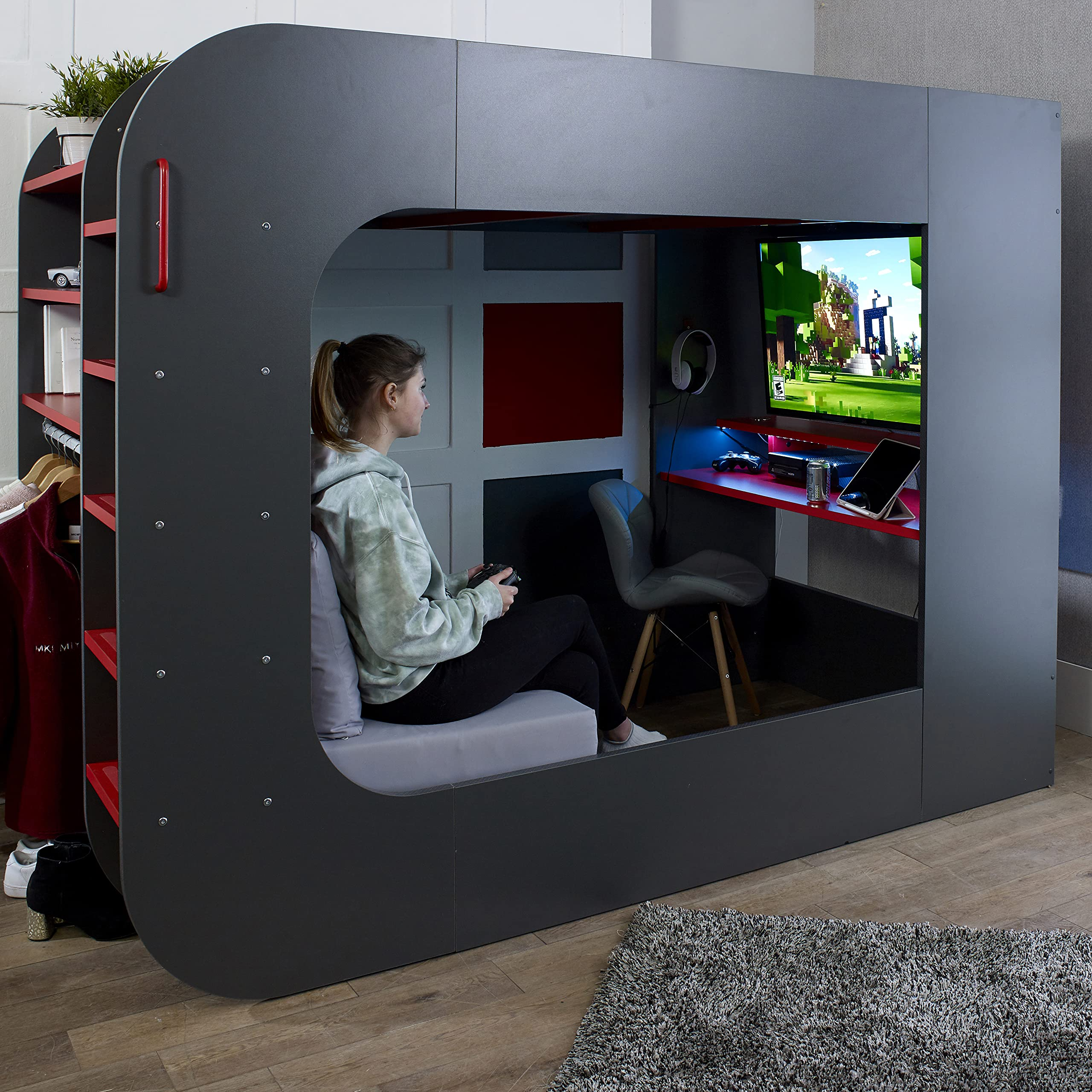 【Furniture】PodBed High Sleeper Gaming Bed with Sofa Bed, Built-In Desk & Open Wardrobe