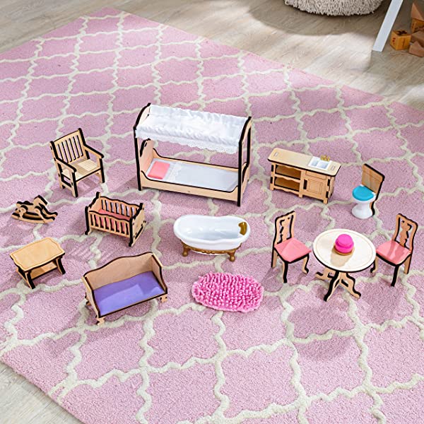 Classic Wooden Dollhouse with EZ Kraft Assembly™, 14-Piece Accessory Set, for 12-Inch Dolls, Gift for Ages 3+