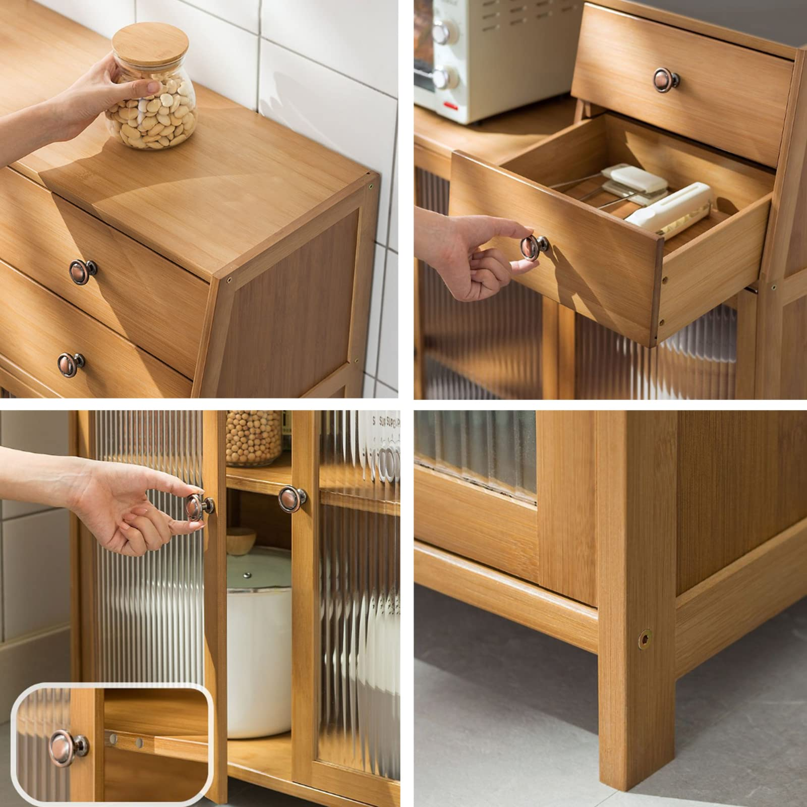 【Furniture】Natural Bamboo Buffet Sideboard Cabinet, 39 Inch Kitchen Sideboard Cabinet with 3 Doors