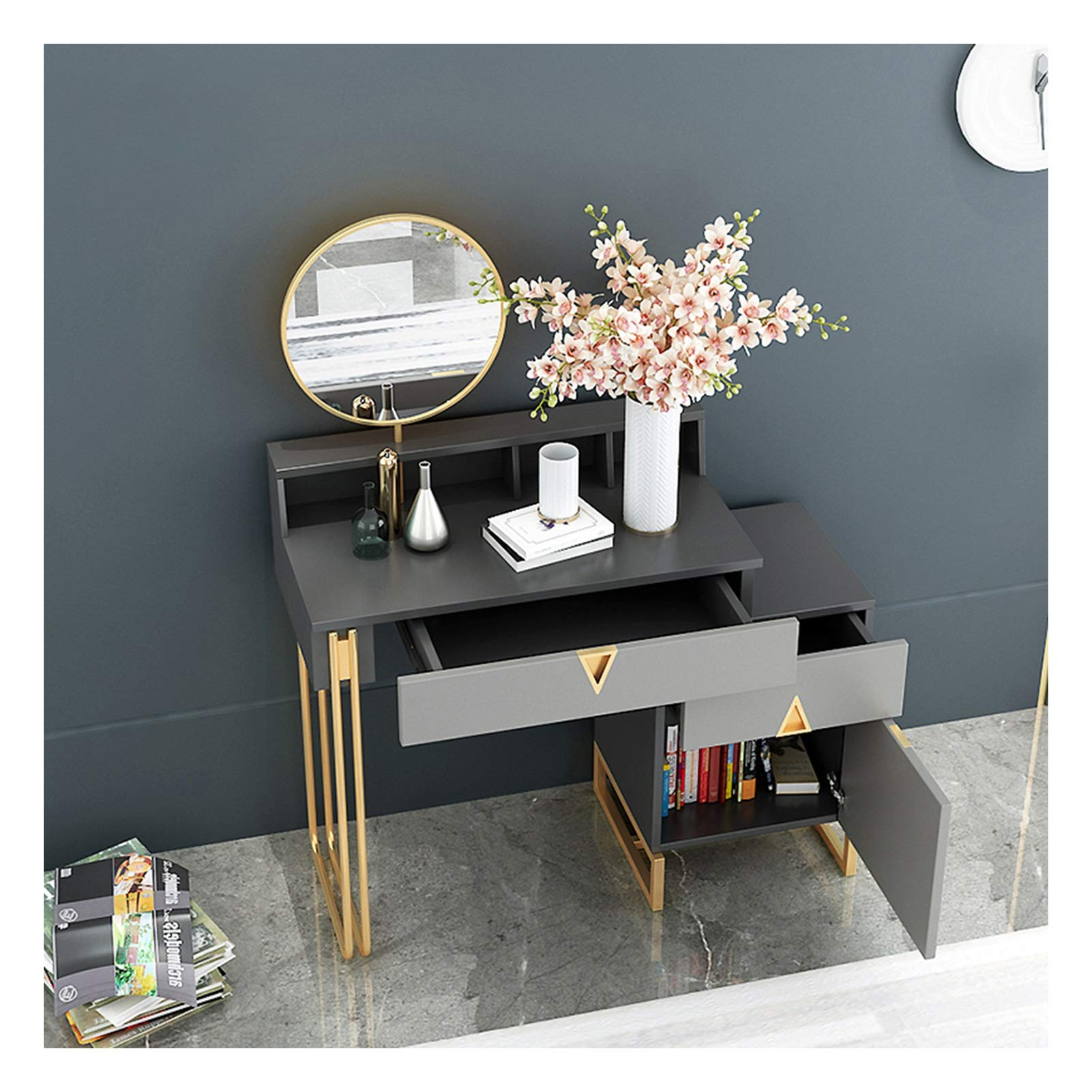 【Furniture】Dresser Modern Dressing Table Vanity Table Set with Sliding Mirror & Stool, Large Storage for Makeup