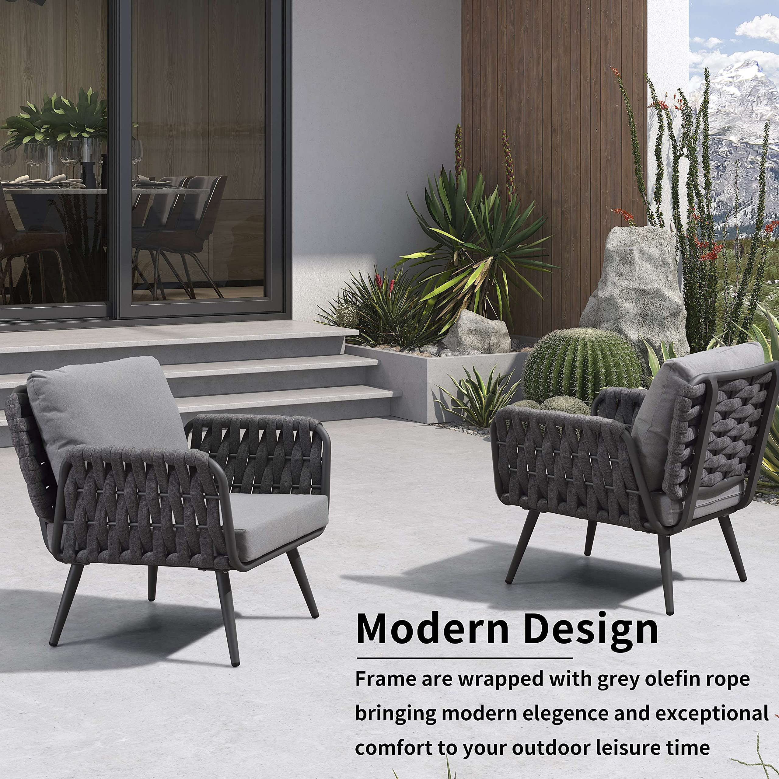 【Furniture】Patio Conversation Set 4 Pcs Aluminum Frame Rope Outdoor Furniture with Coffee Table & Cushions