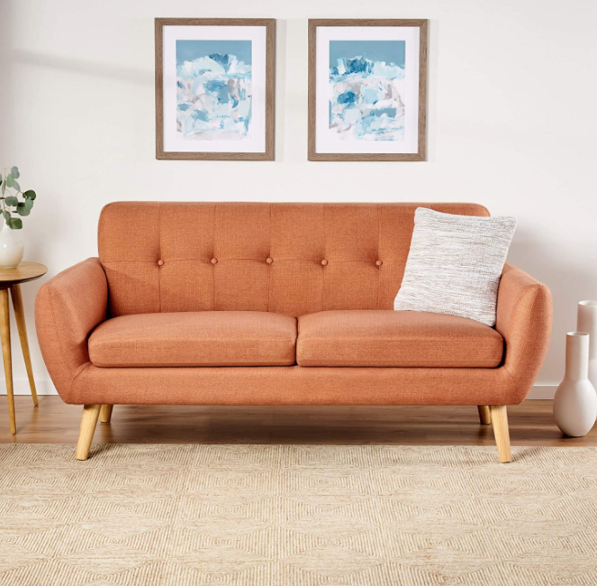 Christopher Knight Home Josephine Mid-Century Modern Petite Fabric Sofa, Burnt Orange / Natural