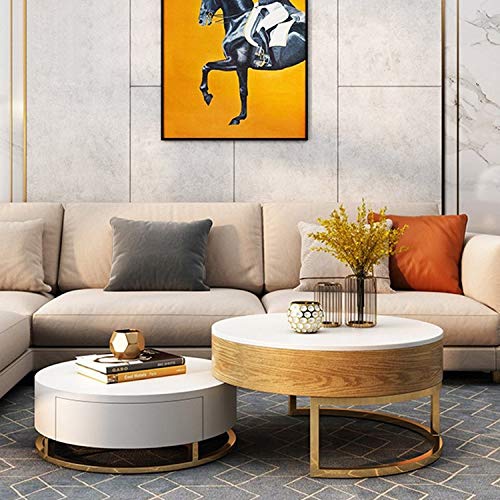【Furniture】Round Coffee Table White with Storage Lift-Top Wood Coffee Table Lifts up with Rotatable Drawers
