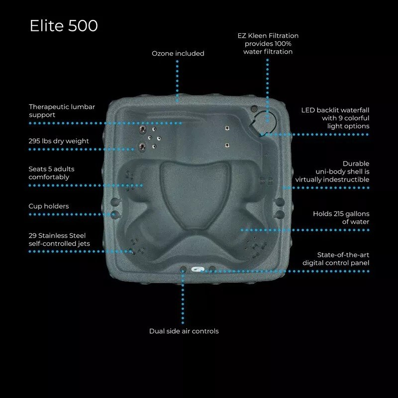 AquaRest Spas Premium 500 5-Person Lounger Plug And Play With 29 Stainless Jets, Ozone, And LED Waterfall