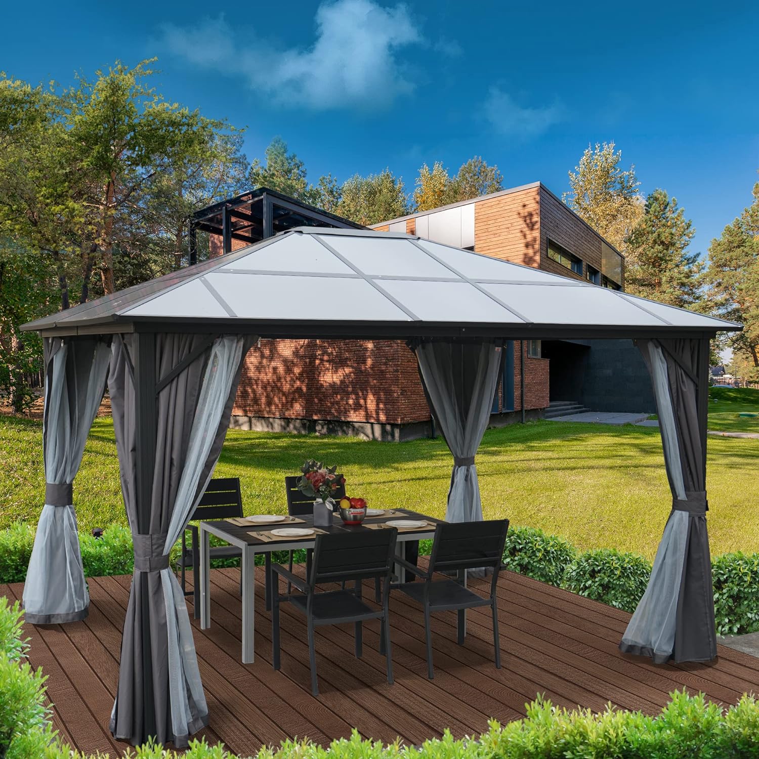 Kozyard 10' x 12' Hard Top Gazebo, Permanent Outdoor Aluminum Patio Gazebo with Aluminum Composite Polycarbonate Canopy for Yard Lawn and Garden, Includes Curtain and Netting (Edward 10' x 12')