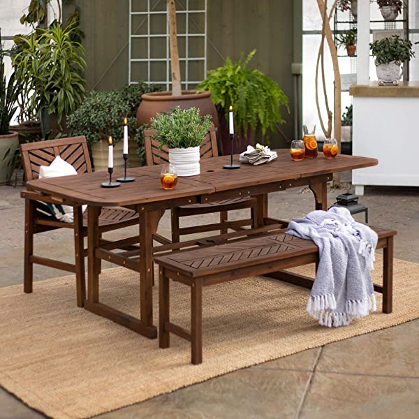 Walker Edison 5 Person Outdoor Wood Chevron Patio Furniture Dining Set Table Chairs Bench All Weather Backyard Conversation Garden Poolside Balcony, 4 Piece, Brown Brown 4 Piece Dining Set