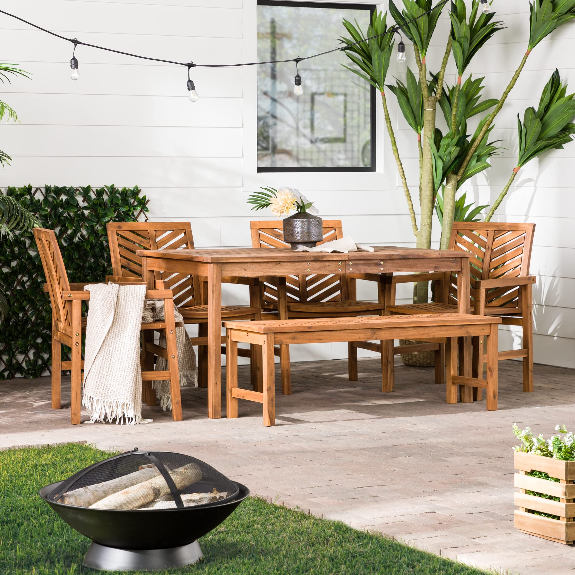 【Furniture】7 Person Outdoor Wood Chevron Patio Furniture Dining Set Table Chairs Bench