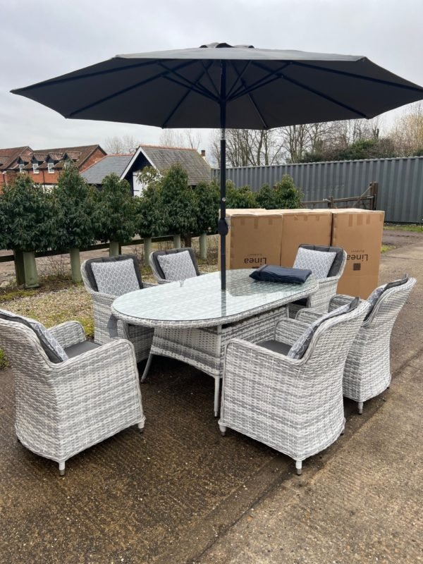MALIBU 8 SEAT OVAL RATTAN DINING SET IN LIGHT GREY