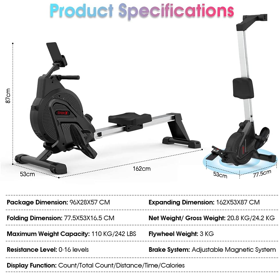Dripex Magnetic Rowing Machine for Home Use Rower Machine for Home Gym & Cardio Training Rower with Aluminum Slide Rail, 16 Adjustable Resistance & LCD Monitor