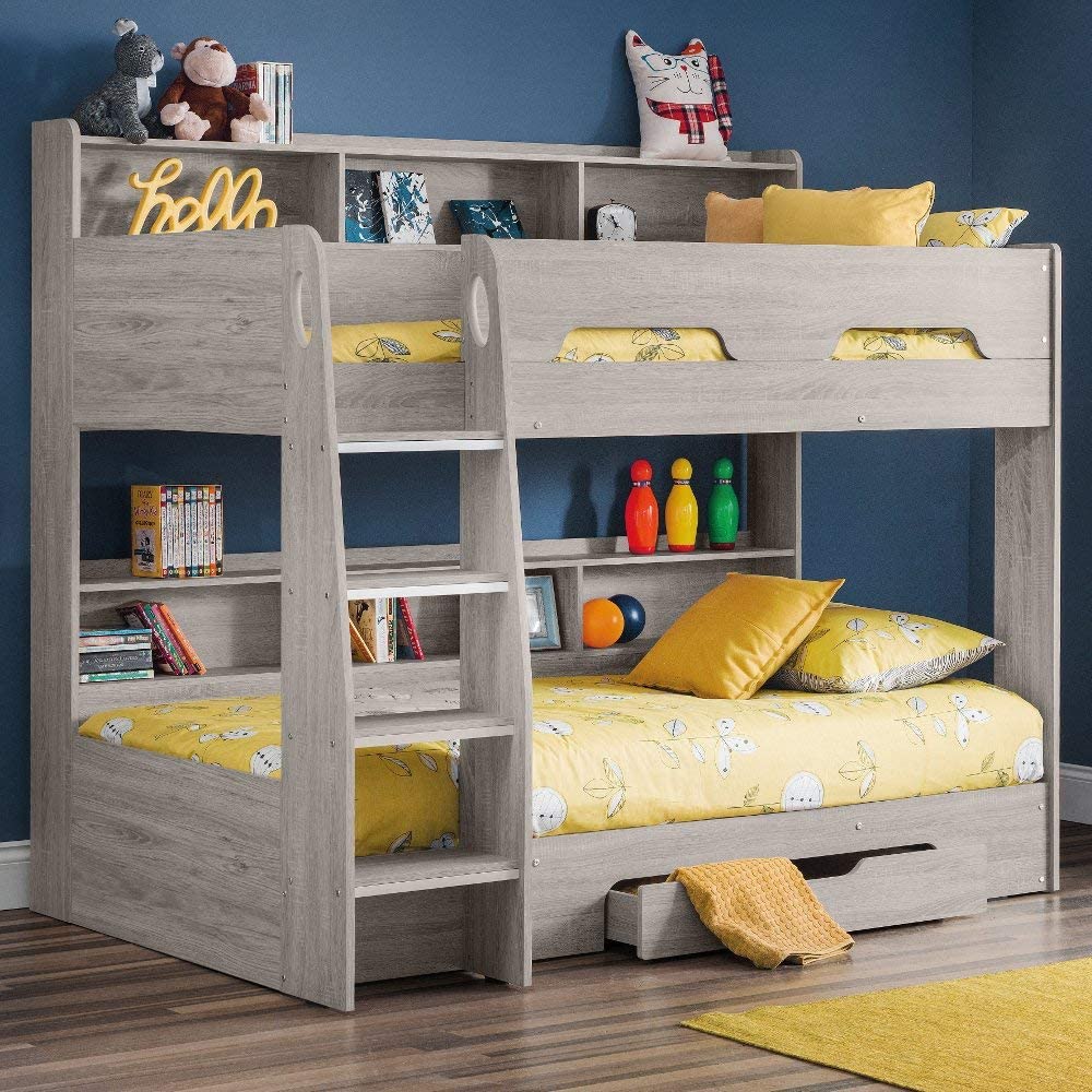 【Furniture】Wooden Bunk Bed with Underbed Storage Drawer, Modern Twin Sleeper with 2 Pocket Sprung Mattresses