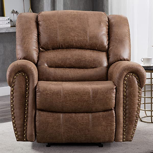 CANMOV Leather Recliner Chair, Classic and Traditional Manual Recliner Chair with Comfortable Arms and Back Single Sofa for Living Room, Nut Brown