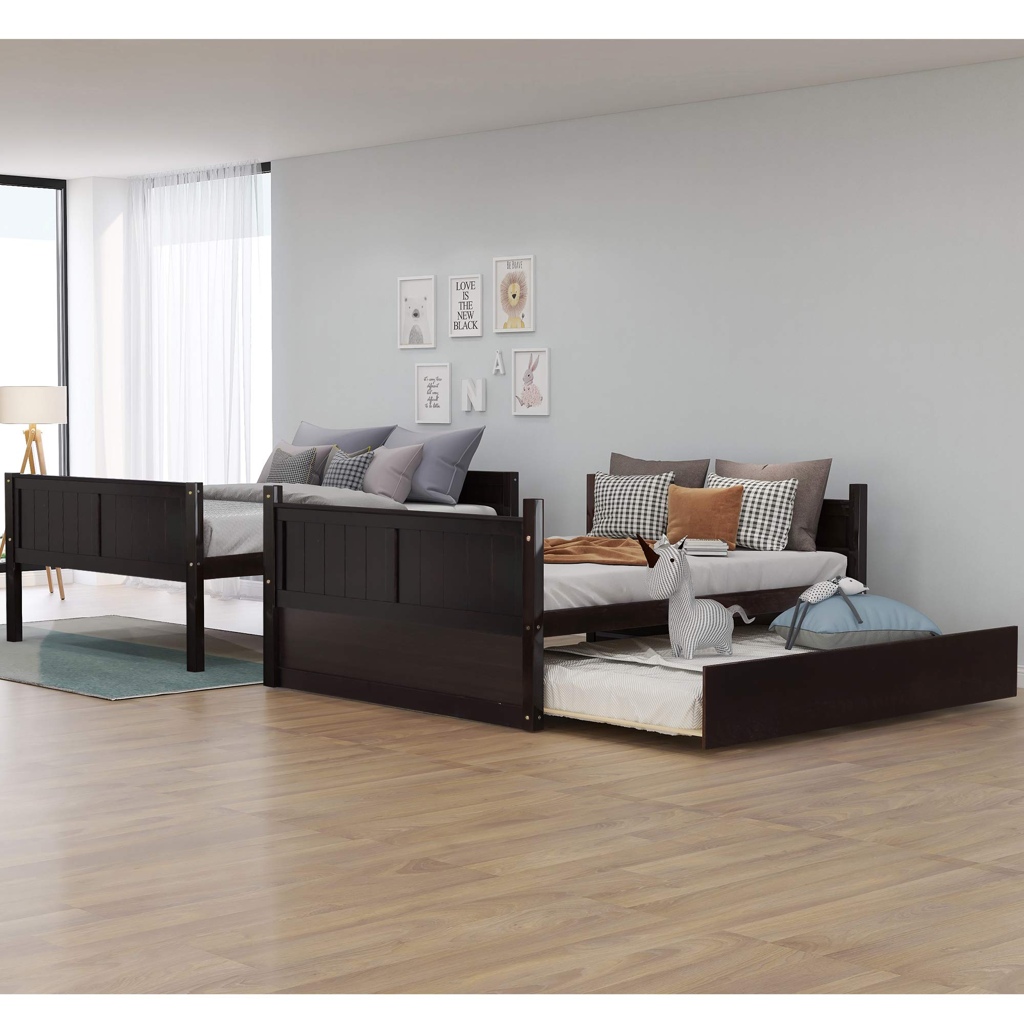 【Furniture】Full Over Full Bunk Bed for Kids Teens, Detachable Wood Full Bunk Bed Frame with Trundle