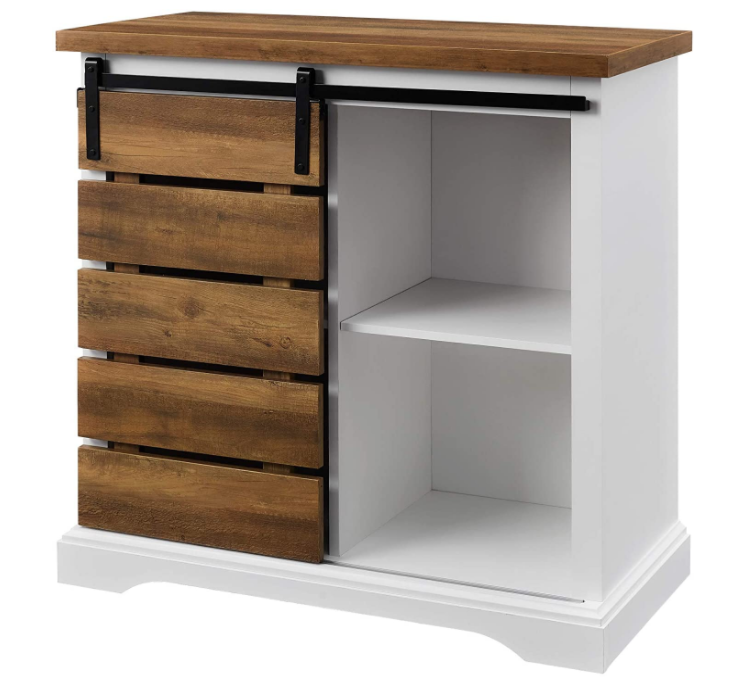 Walker Edison Willa Modern Farmhouse Sliding Single Slat Door Storage Console, 32 Inch, White and Rustic Oak