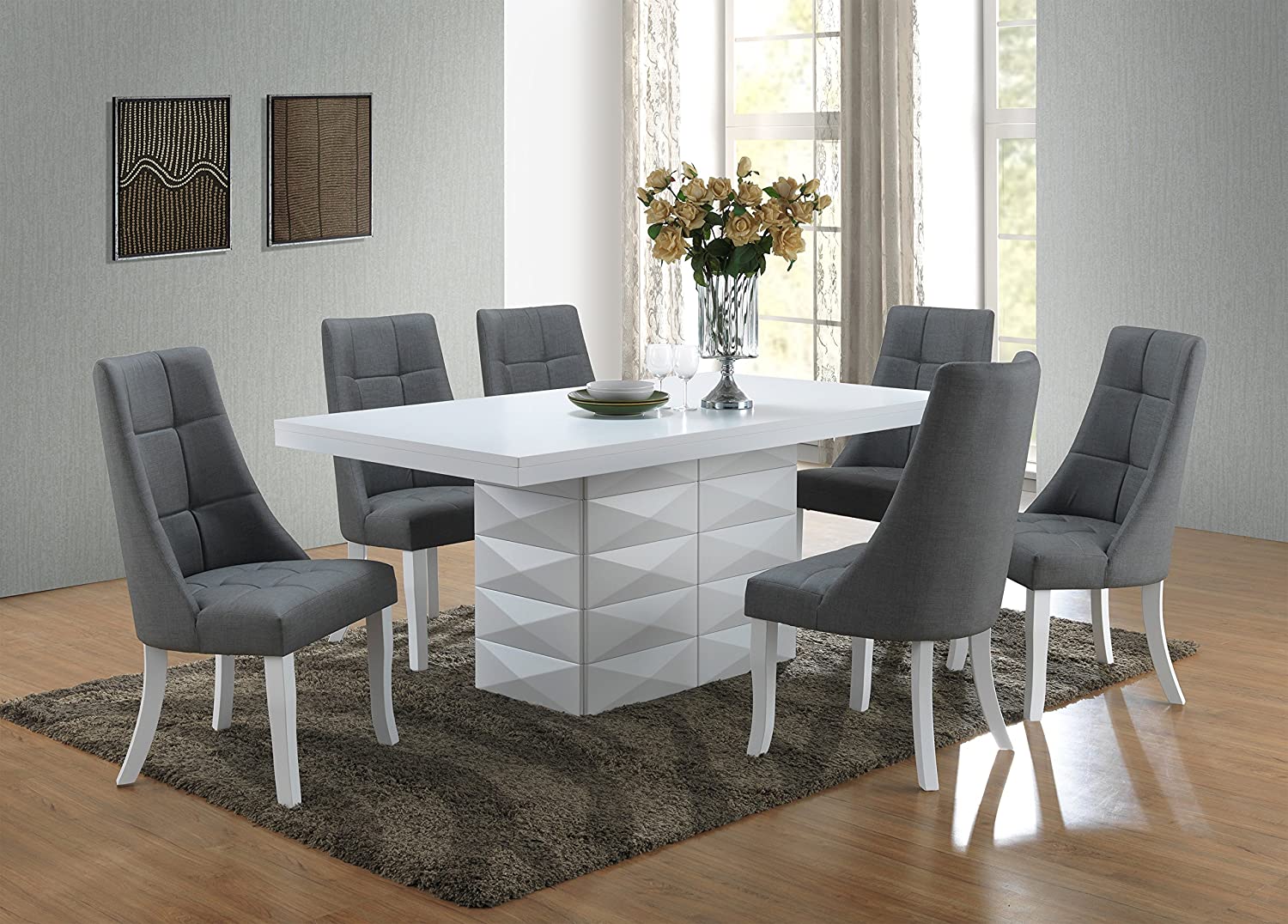 【Furniture】Milan 7 Piece White Modern Rectangle Dinette Dining Room Table & 6 Beige Vinyl Chairs