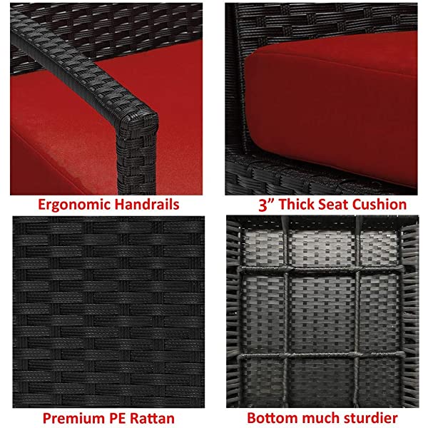 PROHIKER 3 PCS Patio Rattan Conversation Chair Set, 3 PCS Patio Wicker Rattan Furniture Set, Patio Wicker Rattan Table Red