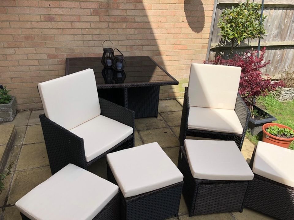 RayGar Deluxe 9 Piece 8 Seater Rattan Cube Dining Table Garden Furniture Patio Set (GreyGrey).