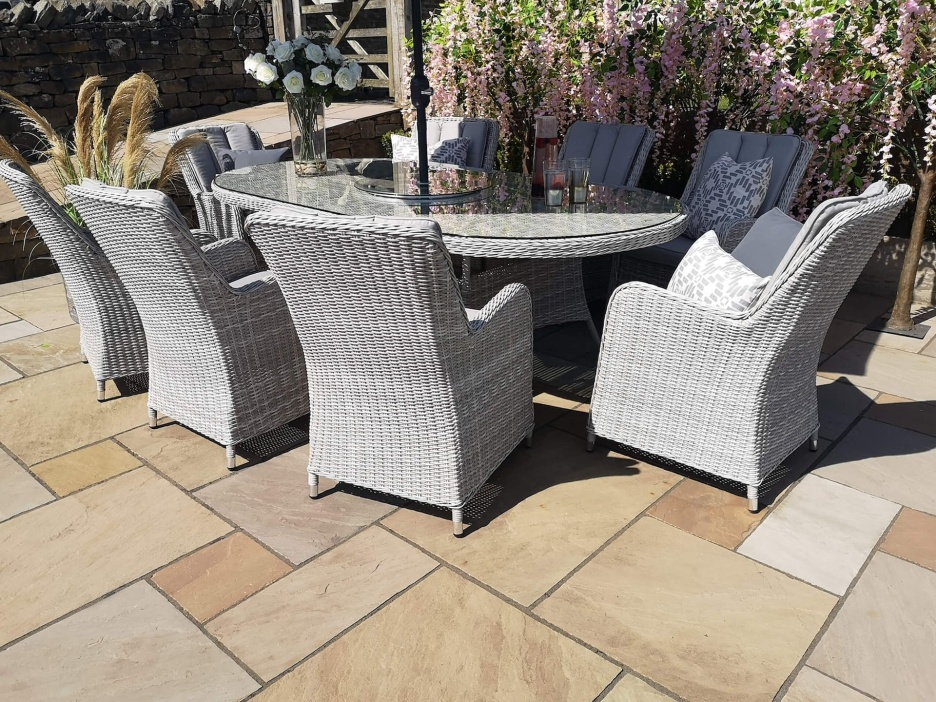 MALIBU 8 SEAT OVAL RATTAN DINING SET IN LIGHT GREY