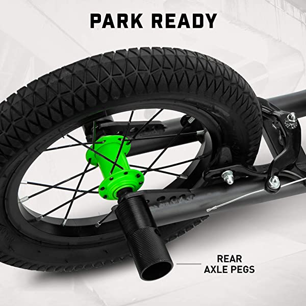 Mongoose Expo Youth Scooter, Front and Rear Caliper Brakes, Rear Axle Pegs, 12-Inch Inflatable Wheels, Non Electric Green/Grey