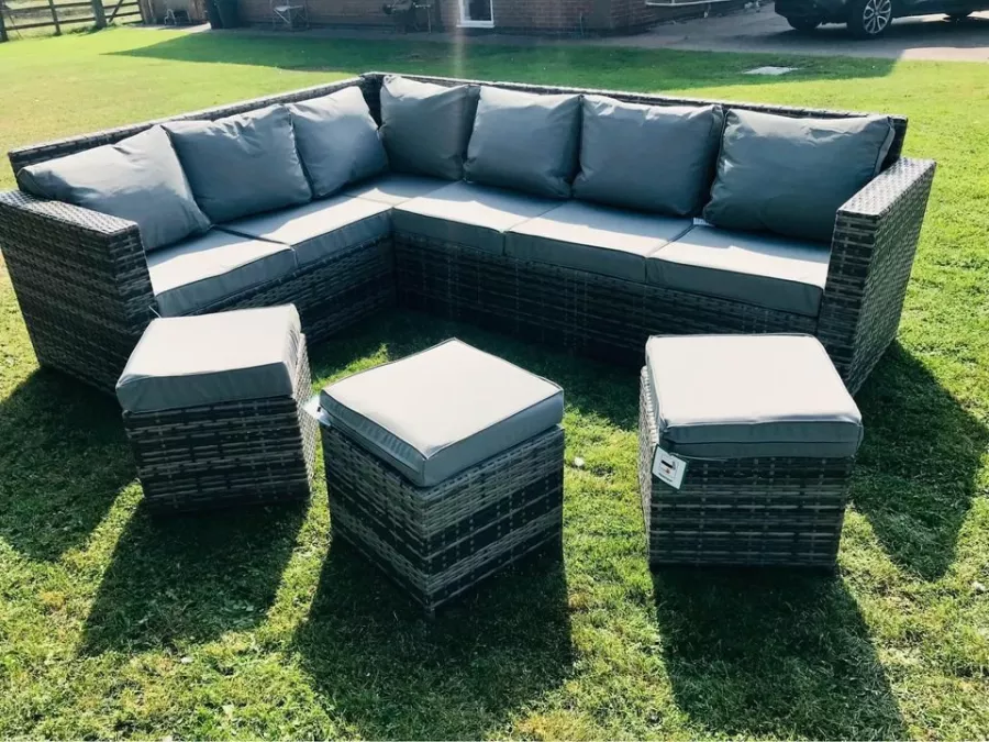NEW Grey Rattan Corner Set & 3 Stools (inc. cushions)