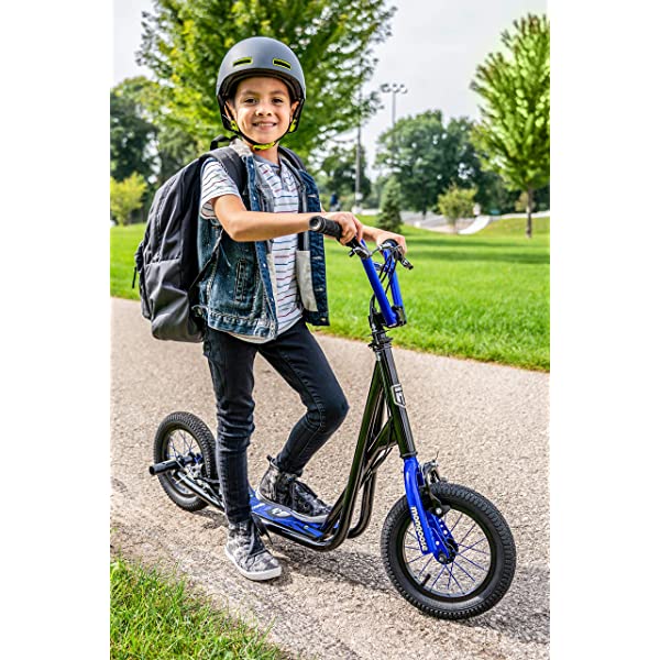 Mongoose Expo Youth Scooter, Front and Rear Caliper Brakes, Rear Axle Pegs, 12-Inch Inflatable Wheels, Non Electric Green/Grey