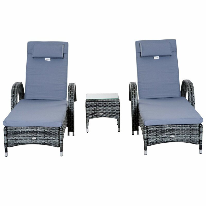 200CM LONG RECLINING SUN LOUNGER SET WITH CUSHIONS AND TABLE