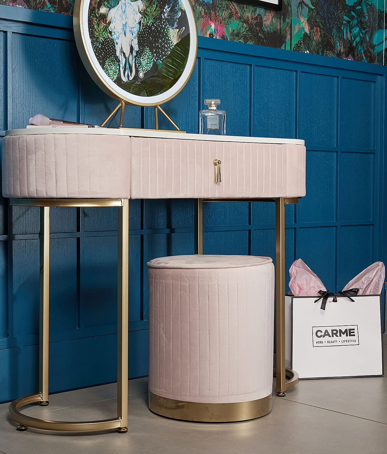 【Furniture】Velvet Dressing Table with LED Light Mirror Touch Sensor 1 Drawer Stool Set Bedroom Modern Dresser
