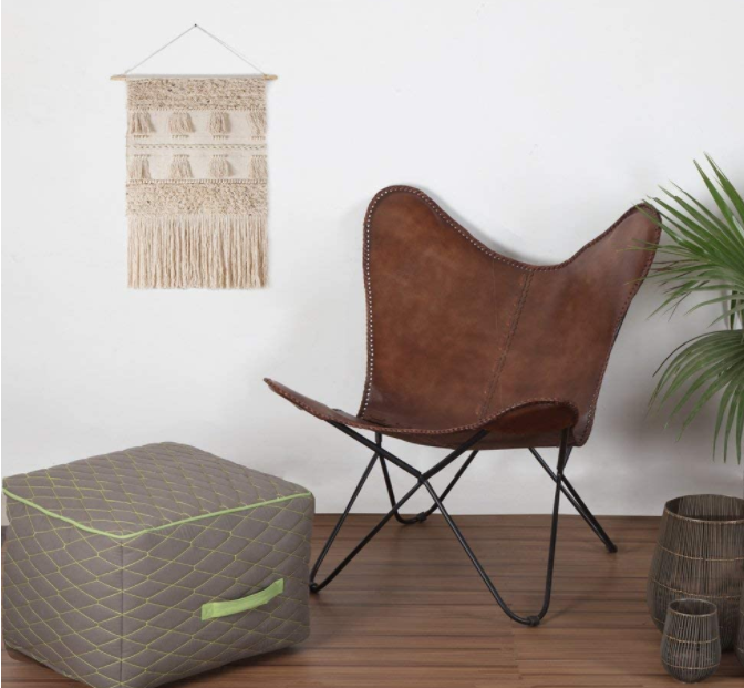 Vintage Brown Leather & Arm Butterfly Chair | Genuine Tan Leather Butterful Chair Home Decor | Handmade Chair Presented by Indian Hando Art